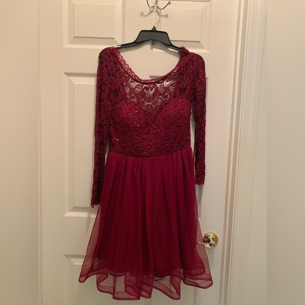 Burgundy Lace Sequin Long Sleeve Homecoming Dress